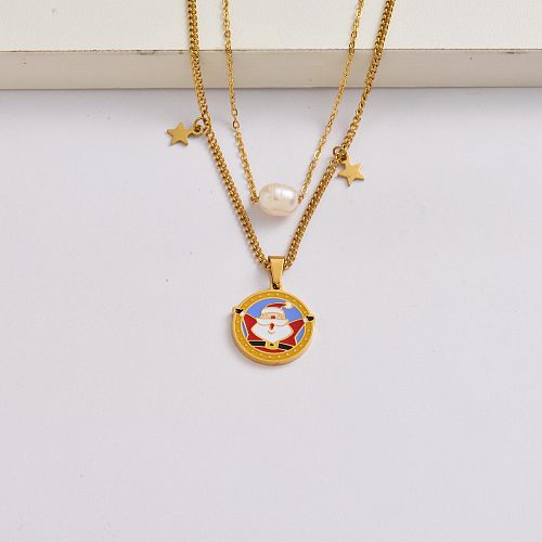 Santa Claus chain 18k gold plated stainless steel christmas charm necklace-SSNEG142-34875