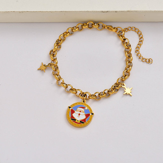 Santa Claus chain 18k gold plated stainless steel christmas charm bracelet-SSBTG142-34926