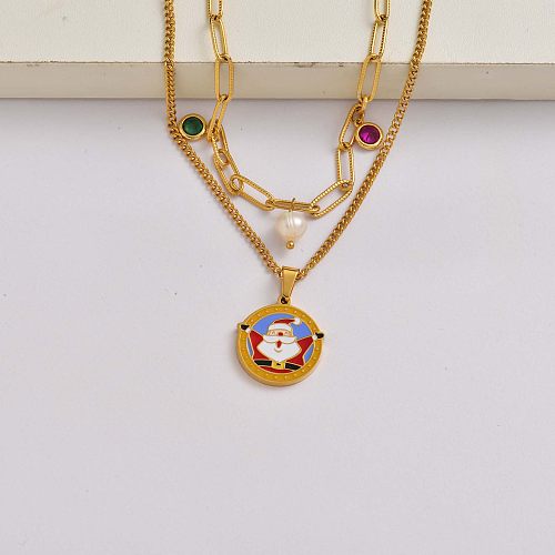 Cadena de cristal de perlas de Papá Noel collar de acero inoxidable chapado en oro de 18 quilates regalos de navidad-SSNEG142-34824