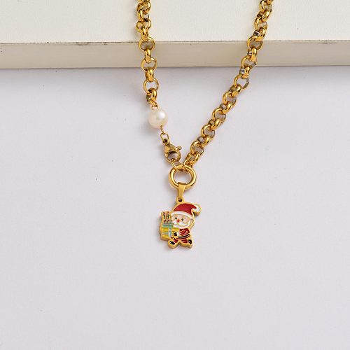 Chaîne du Père Noël en acier inoxydable plaqué or 18 carats collier de breloques de Noël-SSNEG142-34883