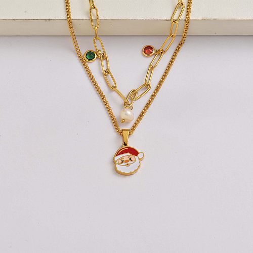 Père Noël chaîne en cristal de perles collier en acier inoxydable plaqué or 18 carats cadeaux de Noël pour femmes-SSNEG142-34834