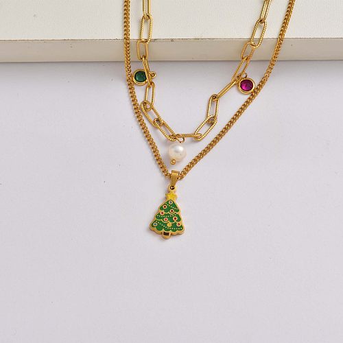 Árbol de navidad cadena de cristal de perlas collar de acero inoxidable chapado en oro de 18 quilates regalo de navidad-SSNEG142-34822