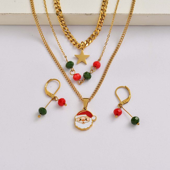Santa Claus chain 18k gold plated stainless steel christmas charm jewelry set-SSCSG142-34909