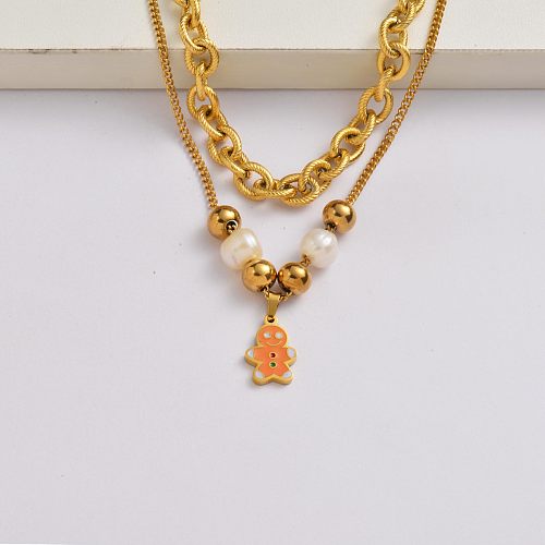 The Gingerbread Man chain 18k gold plated stainless steel xmas necklace-SSNEG142-34901