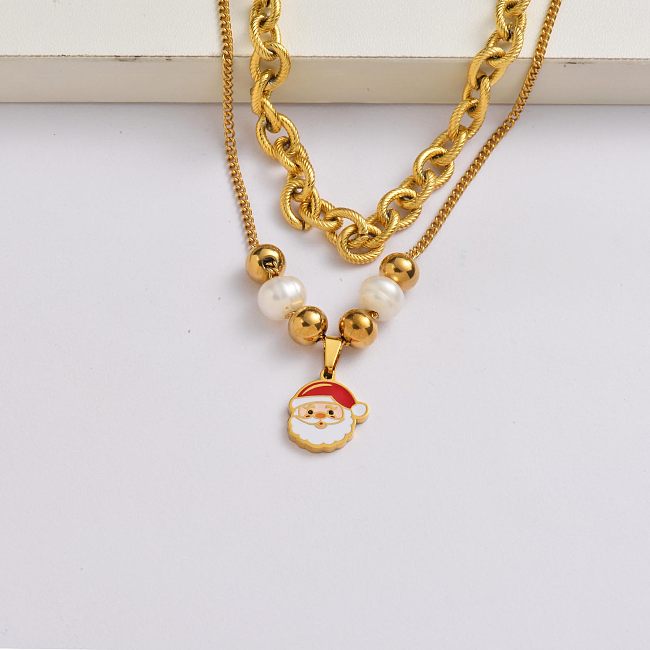 Chaîne du Père Noël en acier inoxydable plaqué or 18 carats collier de breloques de Noël-SSNEG142-34893