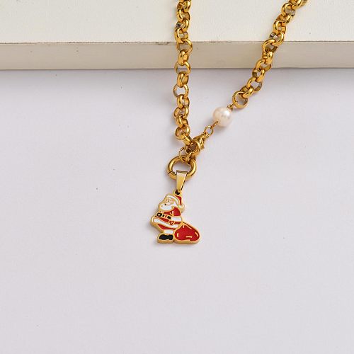 Santa Claus chain 18k gold plated stainless steel christmas charm necklace-SSNEG142-34878
