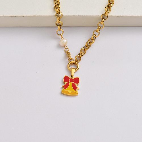 Christmas bell chain 18k gold plated stainless steel christmas charm necklace-SSNEG142-34891