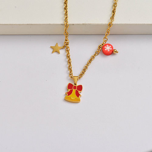 Christmas bell star chain 18k gold plated stainless steel christmas charm necklace-SSNEG142-34850