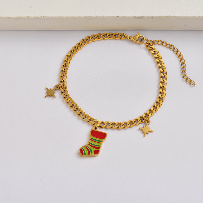 Christmas sock chain 18k gold plated stainless steel christmas charm bracelet-SSBTG142-34922
