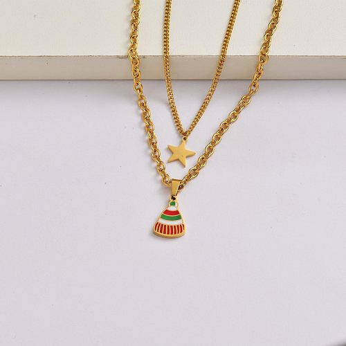 Christmas hat chain 18k gold plated stainless steel christmas charm necklace-SSNEG142-34857