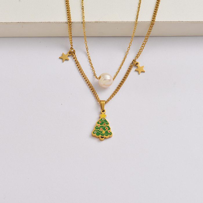 Chaîne d'arbres de Noël collier en acier inoxydable plaqué or 18 carats cadeau de Noël-SSNEG142-34871