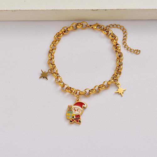 Santa Claus chain 18k gold plated stainless steel christmas charm bracelet-SSBTG142-34930