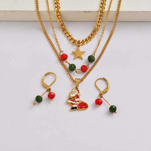 Chaîne du Père Noël en acier inoxydable plaqué or 18 carats ensemble de bijoux de charme de Noël-SSCSG142-34912