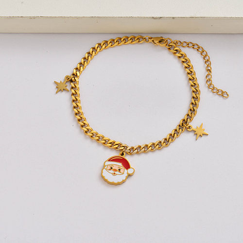 Pulsera con dijes navideños de acero inoxidable chapado en oro de 18 quilates con cadena de Papá Noel-SSBTG142-34924