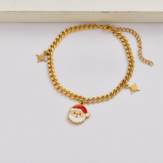 Santa Claus chain 18k gold plated stainless steel christmas charm bracelet-SSBTG142-34924