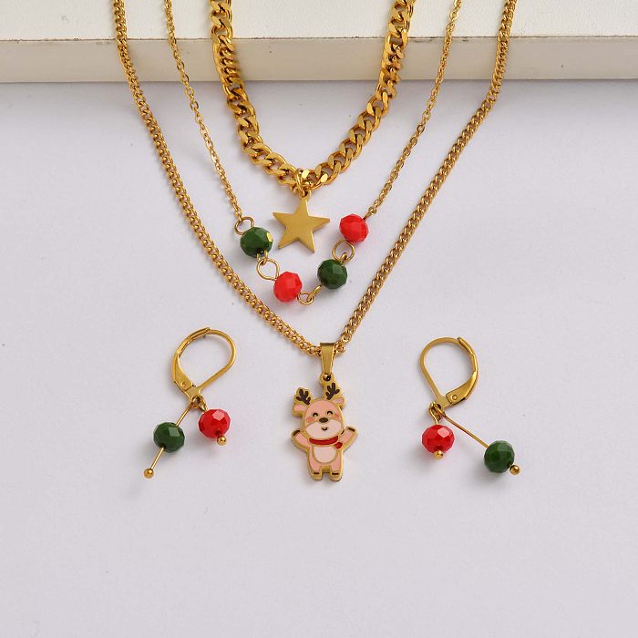 Conjunto de joias de natal em aço inoxidável banhado a ouro 18k de alces de Natal-SSCSG142-34917