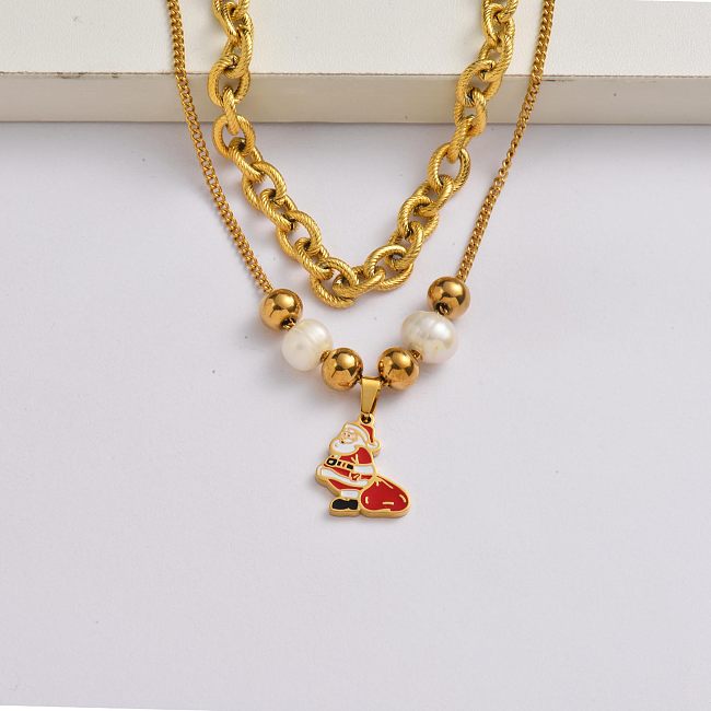 Santa Claus chain 18k gold plated stainless steel christmas charm necklace-SSNEG142-34902