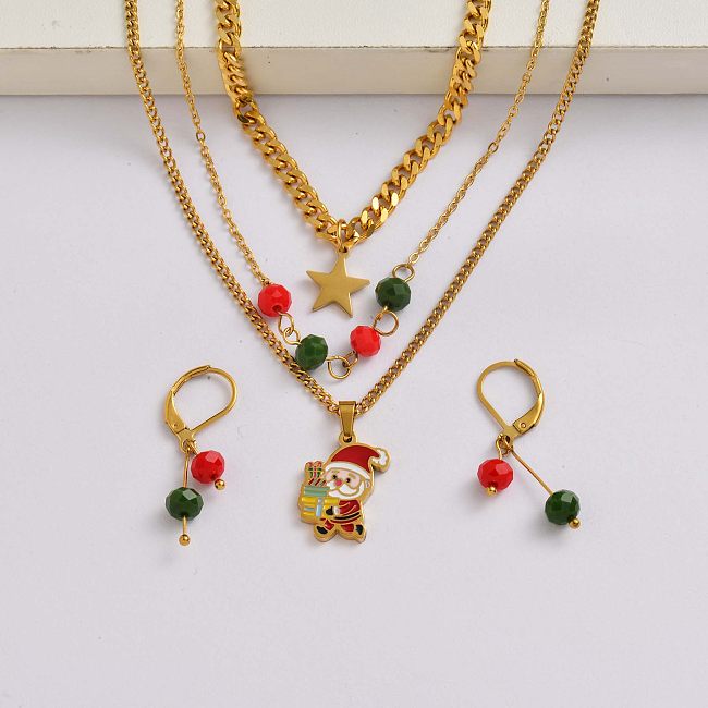Conjunto de joias de Natal com pingente de Natal de aço inoxidável banhado a ouro de ouro 18k - SSCSG142-34915