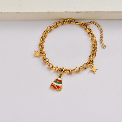 Corrente de chapéu de Natal banhada a ouro 18k em aço inoxidável com pingente de pulseira de Natal-SSBTG142-34933