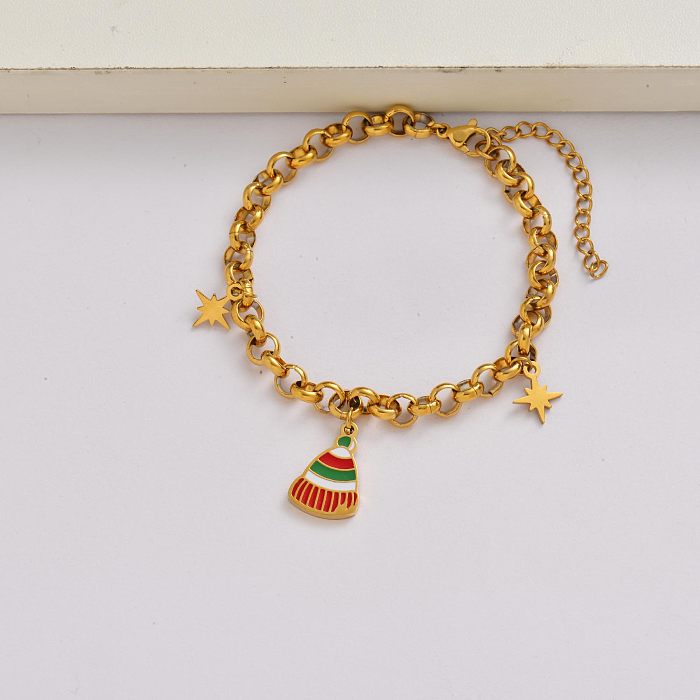 Christmas hat chain 18k gold plated stainless steel christmas charm bracelet-SSBTG142-34933