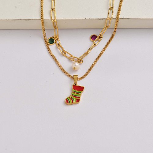 Chaussette de Noël chaîne en cristal de perles collier en acier inoxydable plaqué or 18 carats cadeaux de Noël pour elle-SSNEG142-34829