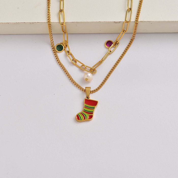 Christmas sock pearl crystal chain 18k gold plated stainless steel necklace christmas gifts for her-SSNEG142-34829