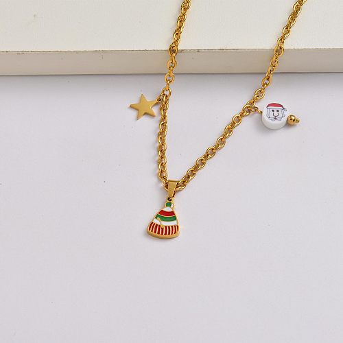 Weihnachtsmütze Kette 18k vergoldet Edelstahl Halskette Weihnachtsideen-SSNEG142-34847