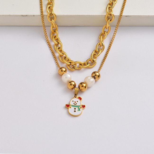 Christmas snowman chain 18k gold plated stainless steel christmas charm necklace-SSNEG142-34895
