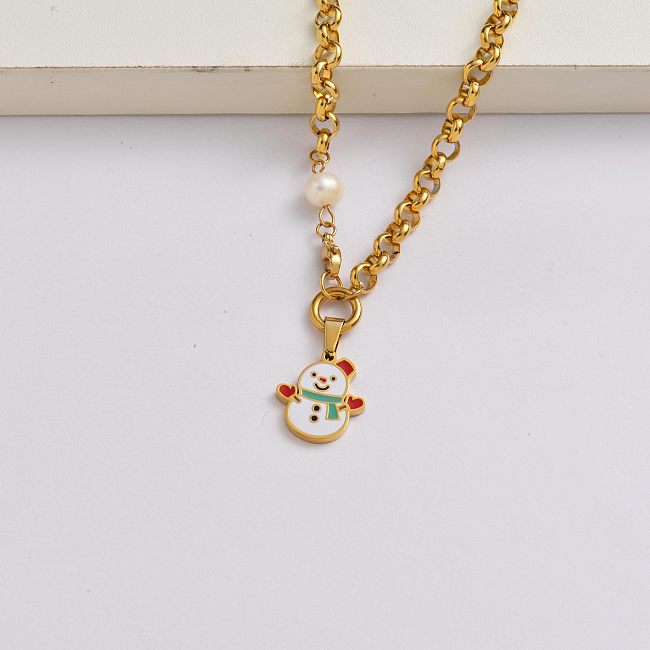 Cadena de muñeco de nieve navideño collar de encanto navideño de acero inoxidable chapado en oro de 18 quilates-SSNEG142-34881