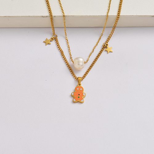 The Gingerbread Man chain 18k gold plated stainless steel xmas necklace-SSNEG142-34874
