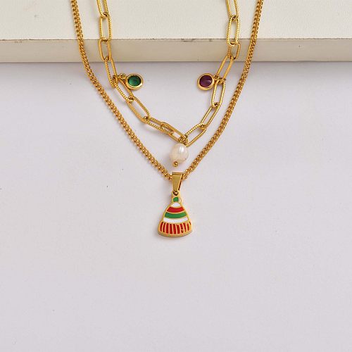 Weihnachtsmütze Perlenkristallkette 18k vergoldet Edelstahlhalskette Weihnachtsideen-SSNEG142-34828