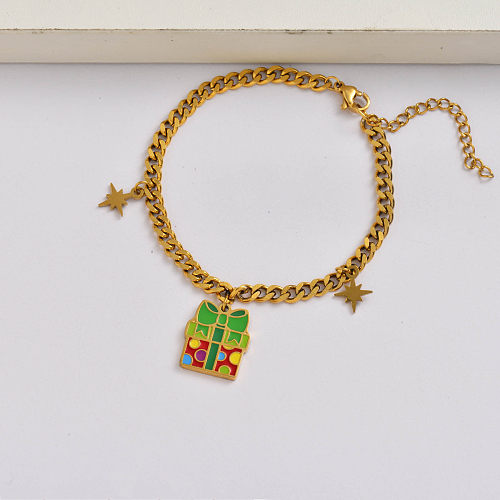 Gift box star chain 18k gold plated stainless steel christmas bracelet-SSBTG142-34921