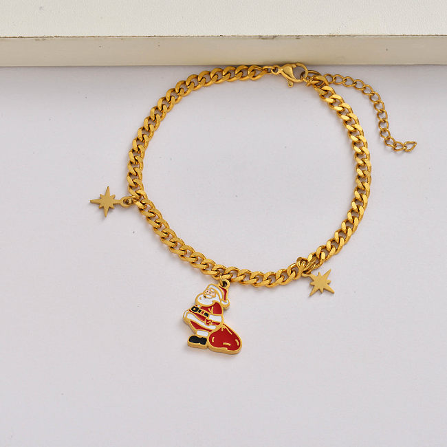Santa Claus chain 18k gold plated stainless steel christmas charm bracelet-SSBTG142-34925