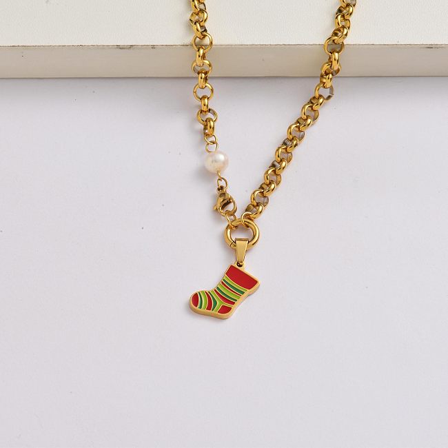 Weihnachtssockenkette 18k vergoldet Edelstahl Weihnachtsanhänger Halskette-SSNEG142-34882