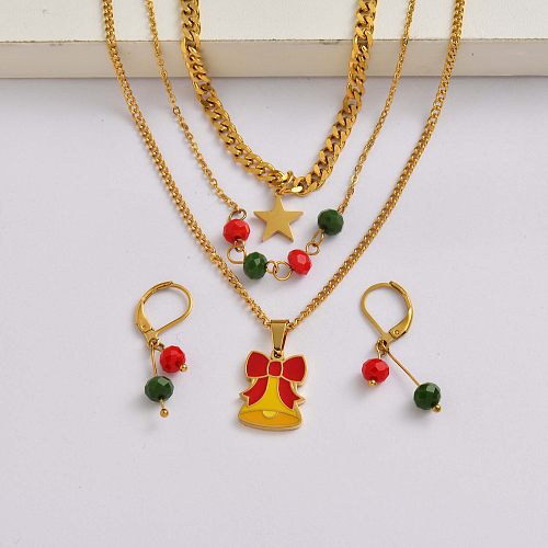 Christmas bell chain 18k gold plated stainless steel christmas charm jewelry set-SSCSG142-34914