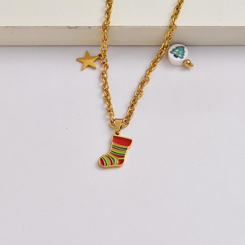 Weihnachtssockenkette 18k vergoldet Edelstahl Weihnachtsanhänger Halskette-SSNEG142-34856