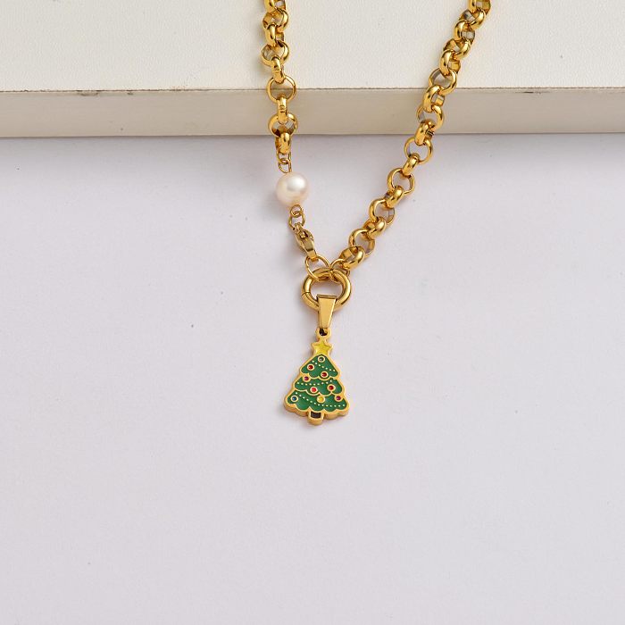 Christmas trees chain 18k gold plated stainless steel necklace christmas gift-SSNEG142-34888