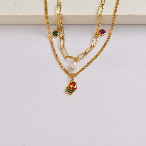 Guante de Navidad cadena de cristal de perlas collar de acero inoxidable chapado en oro de 18 quilates ideas de regalos de Navidad para ella-SSNEG142-34830