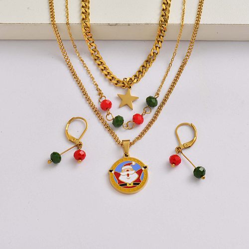 Conjunto de joyas de encanto navideño de acero inoxidable chapado en oro de 18 quilates con cadena de Papá Noel-SSCSG142-34908