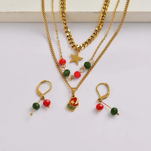 Christmas sock chain 18k gold plated stainless steel christmas charm jewelry set-SSCSG142-34918