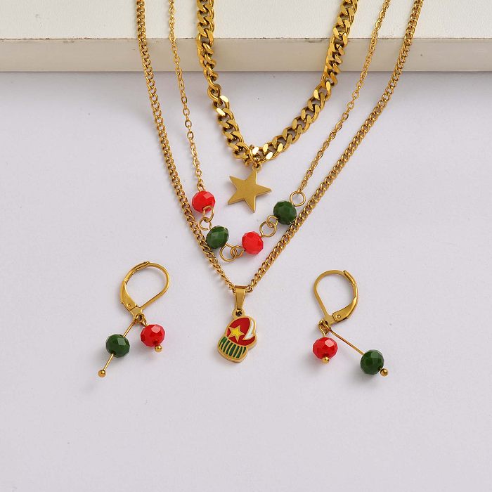 Conjunto de joias com pingentes de natal em aço inoxidável banhado a ouro 18k com meia de Natal-SSCSG142-34918