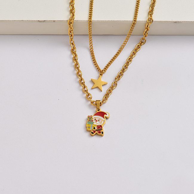 Chaîne du Père Noël en acier inoxydable plaqué or 18 carats collier de breloques de Noël-SSNEG142-34861