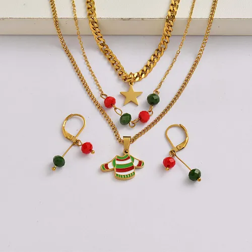 Christmas clothes chain 18k gold plated stainless steel xmas jewelry set-SSCSG142-34907