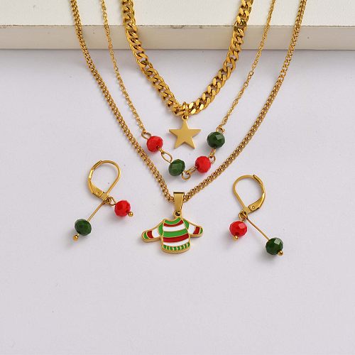 سلسلة ملابس الكريسماس مطلية بالذهب 18 قيراط ستانلس ستيل طقم مجوهرات عيد الميلاد- SSCSG142-34907