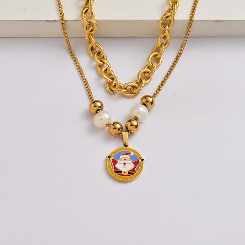 Santa Claus chain 18k gold plated stainless steel christmas charm necklace-SSNEG142-34905