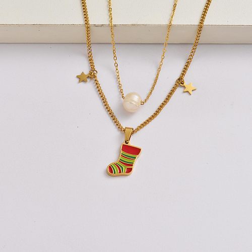 Weihnachtssockenkette 18k vergoldet Edelstahl Weihnachtsanhänger Halskette-SSNEG142-34866