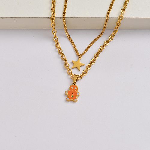 The Gingerbread Man chain 18k gold plated stainless steel xmas necklace-SSNEG142-34859