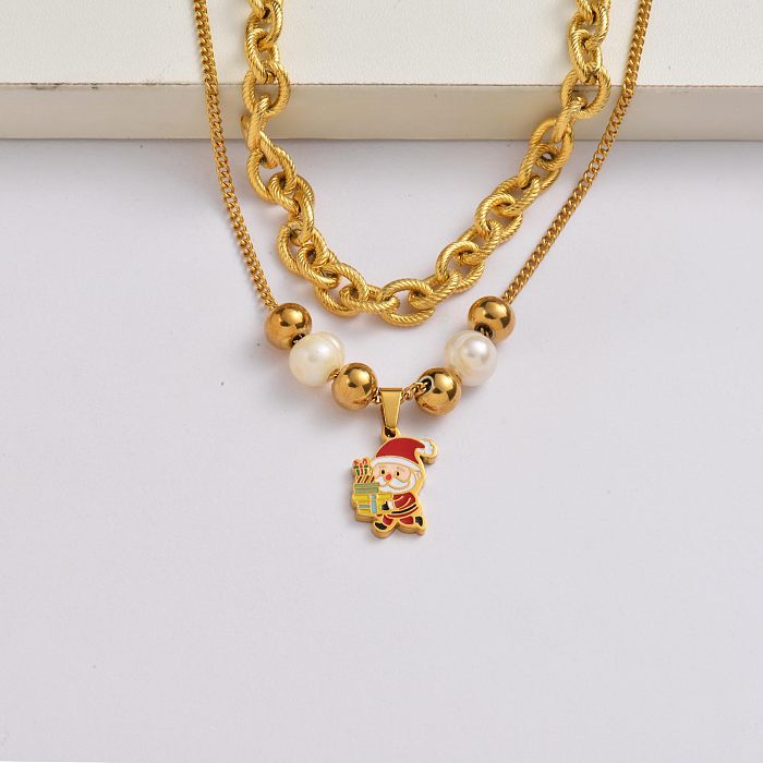 Chaîne du Père Noël en acier inoxydable plaqué or 18 carats collier de breloques de Noël-SSNEG142-34900