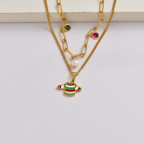 Vêtements de Noël chaîne en cristal de perles collier en acier inoxydable plaqué or 18 carats ornements de noël-SSNEG142-34823