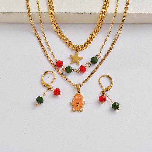 The Gingerbread Man chain 18k gold plated stainless steel xmas jewelry set-SSCSG142-34910